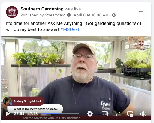 A screenshot of a Facebook live with Gary Bachman from Southern Gardening.